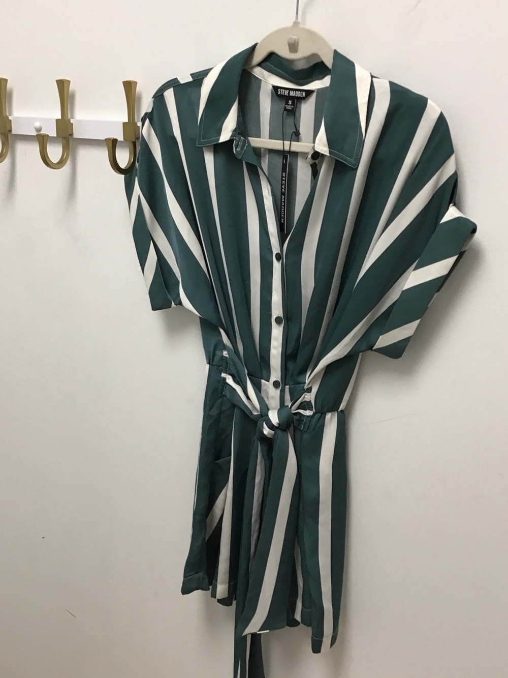 Steve Madden Teal and White Vertical Stripe romper.